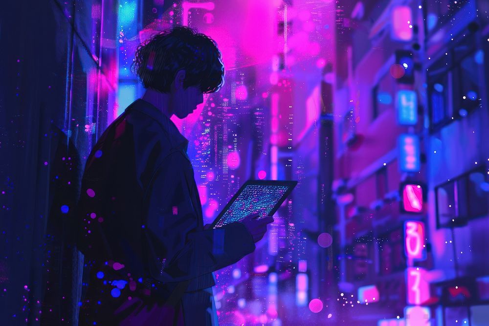 Computer purple light city.