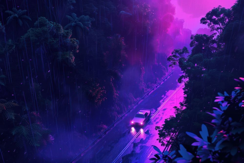 Car in rural road in deep rain forest with green tree forest view from above outdoors nature purple.