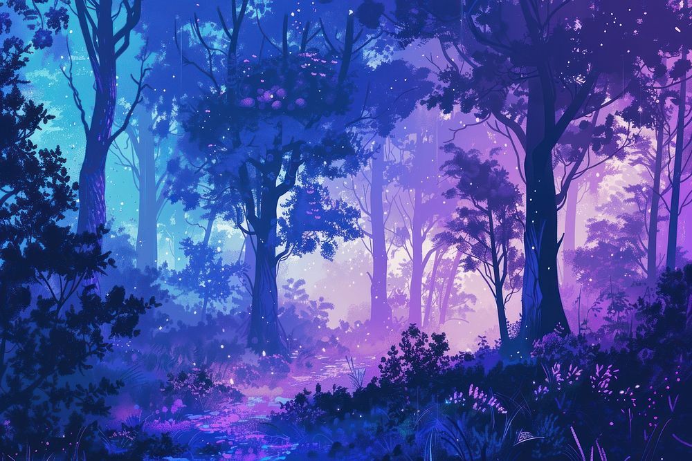 A beautiful enchanted forest with big fairytale trees and great vegetation purple backgrounds landscape.