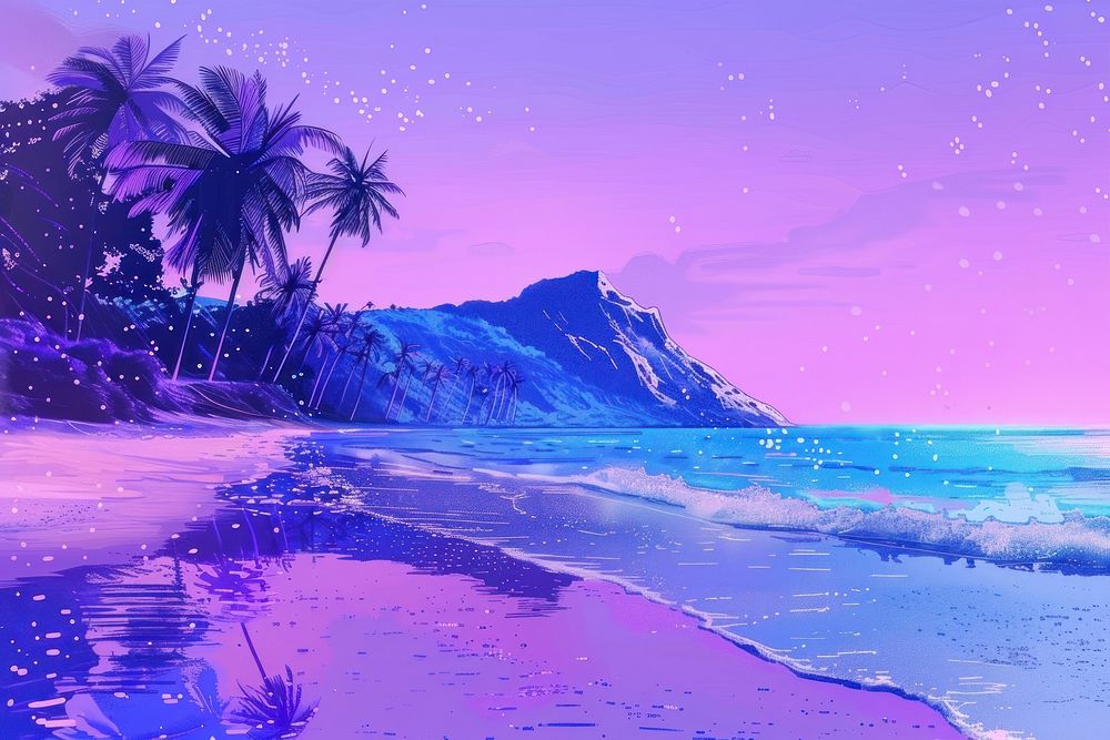Beautiful sandy beach and tropical sea purple landscape outdoors.
