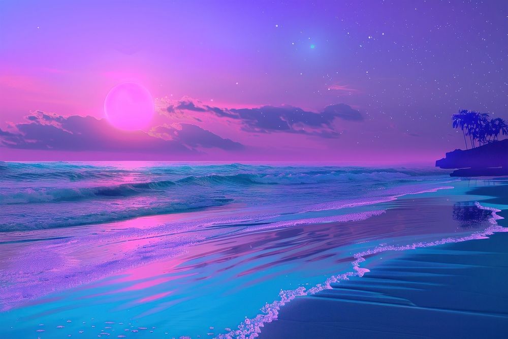 Beautiful sandy beach and tropical sea purple landscape outdoors.