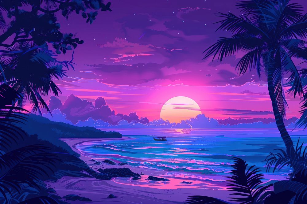 Beautiful bright sunset on a tropical paradise beach purple landscape outdoors.