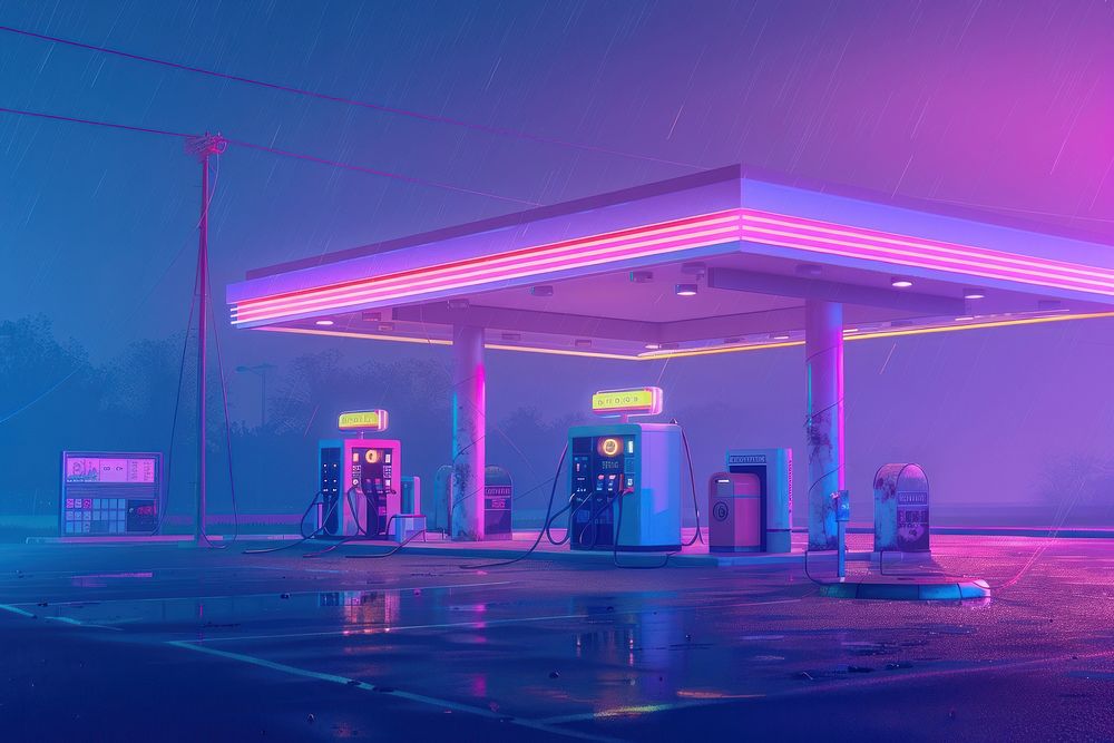 Gas station purple neon architecture.