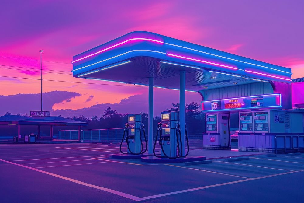 Gas station purple neon blue.