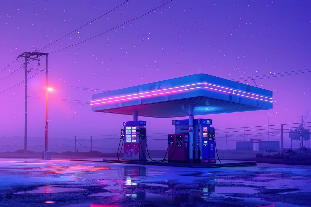 Gas station purple neon blue.