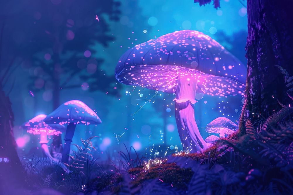Glowing mushroom lamps with fireflies in magical forest purple outdoors glowing.