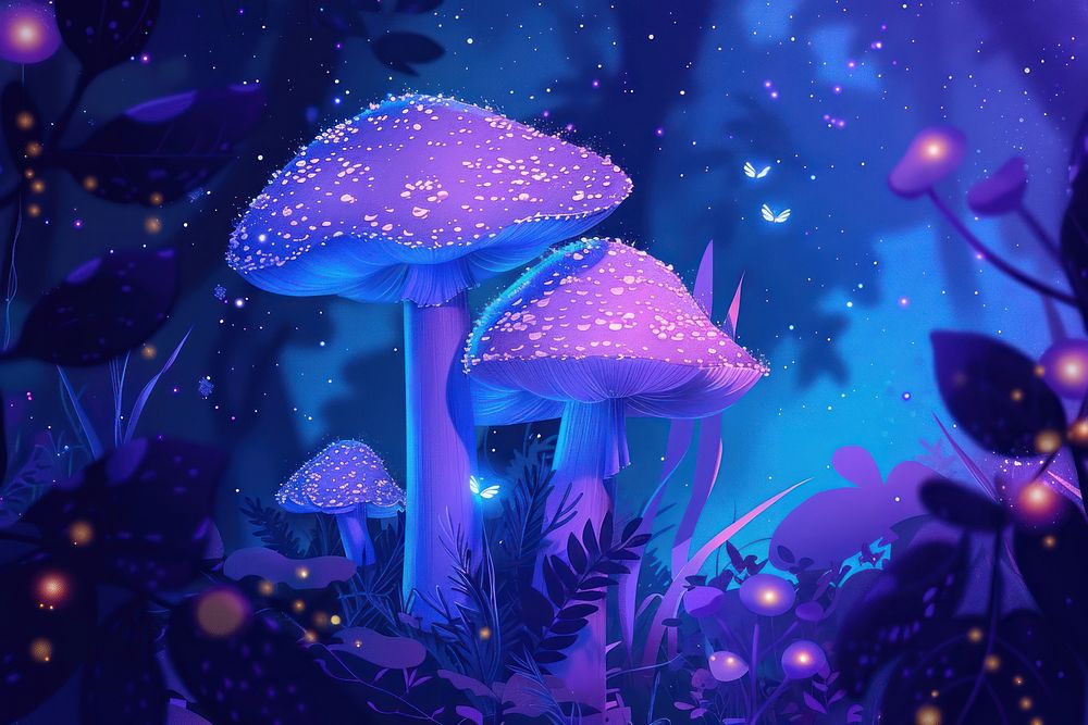Glowing mushroom lamps with fireflies in magical forest outdoors glowing nature.