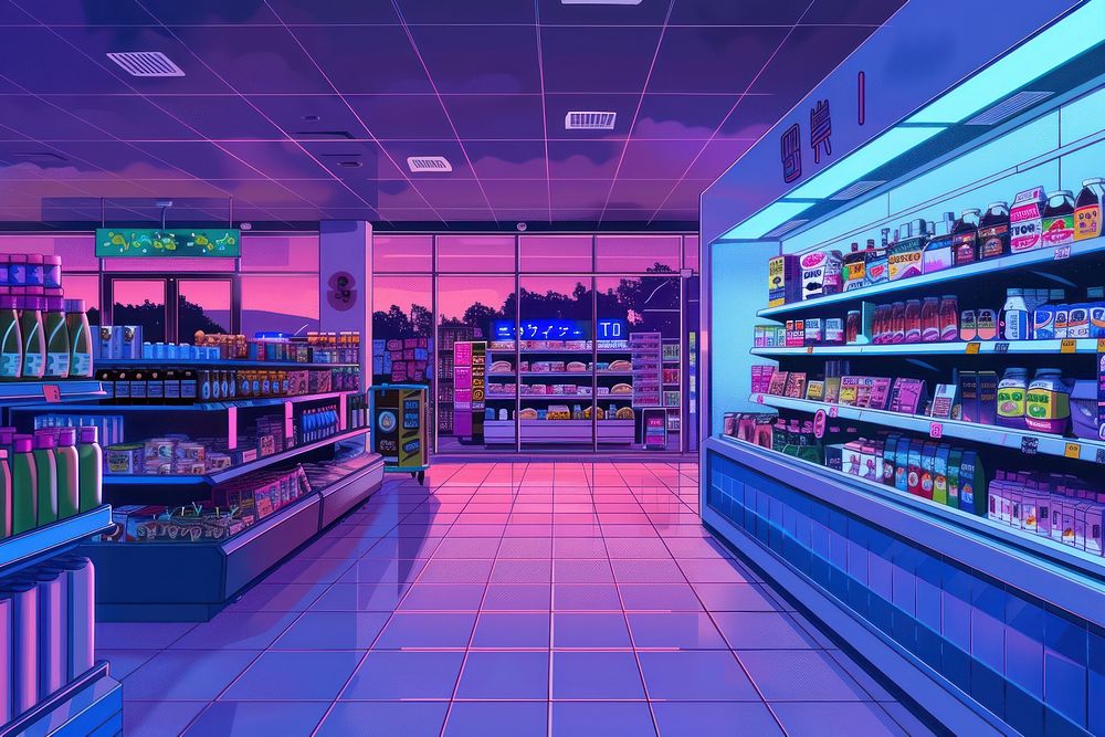 Grocery store supermarket architecture illuminated.