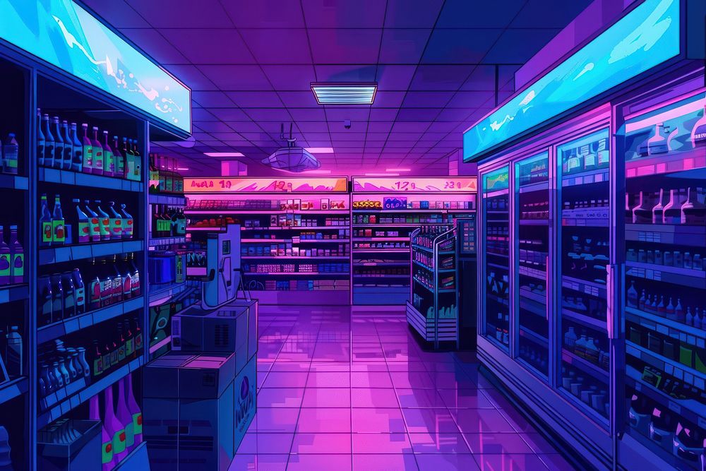 Grocery store purple architecture illuminated.