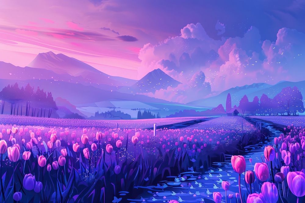 Dramatic spring scene on the tulip farm purple landscape panoramic.
