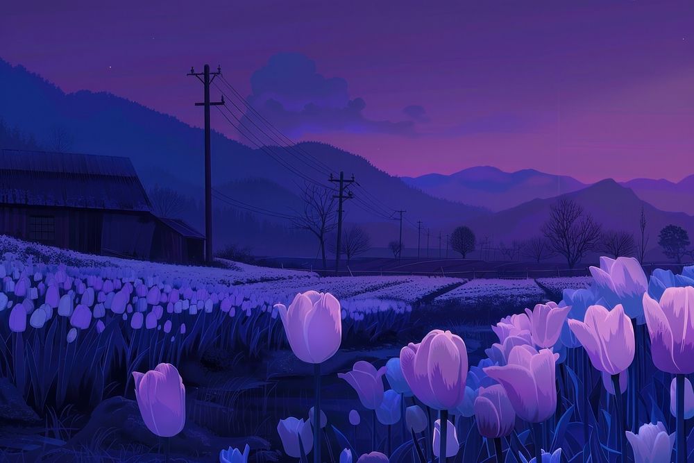Dramatic spring scene on the tulip farm purple landscape outdoors.