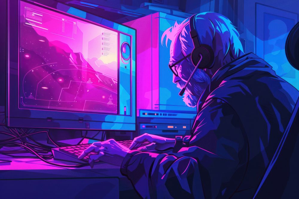 Elderly professional gamer playing online games computer purple adult man.