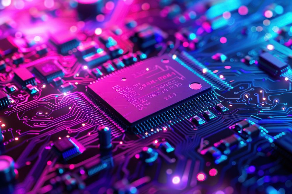 Electronic circuit board with electronic components such as chips close up electronics purple blue.