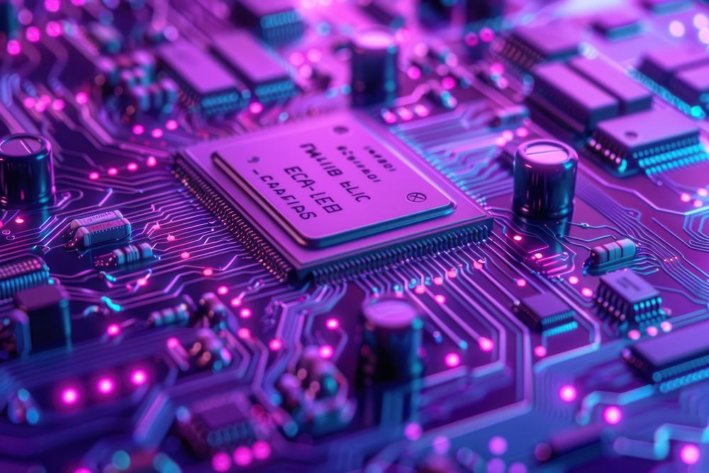 Electronic circuit board with electronic components such as chips close up electronics purple motherboard.