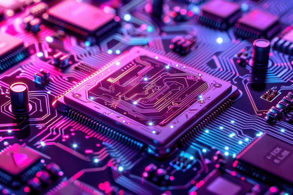 Electronic circuit board with electronic components such as chips close up electronics purple transportation.