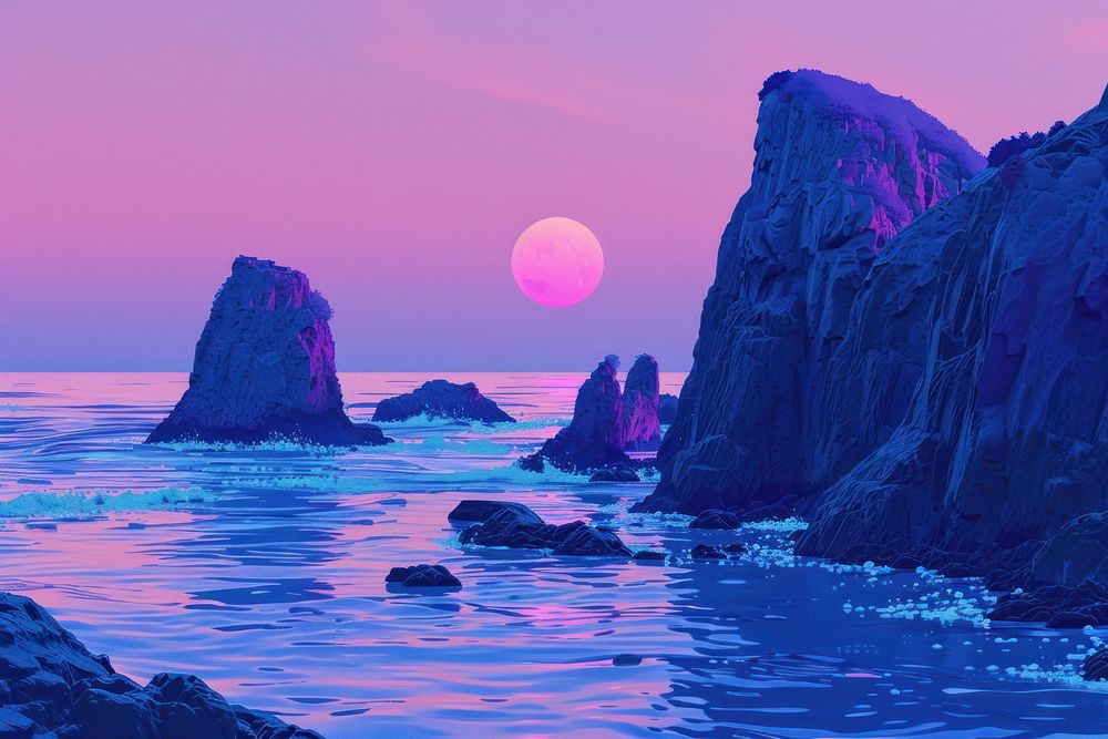 Fantastic big rocks and ocean waves at sundown time purple outdoors horizon.