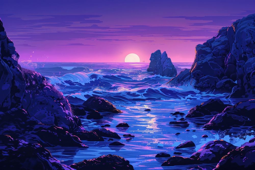 Fantastic big rocks and ocean waves at sundown time purple landscape outdoors.