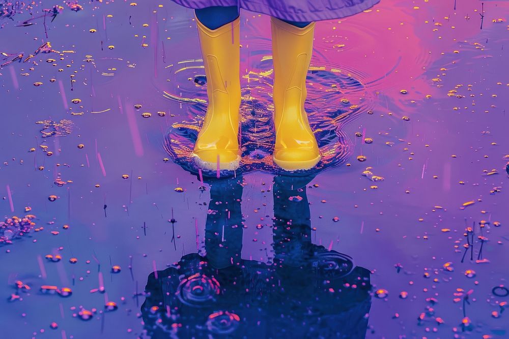 Feet of child in yellow rubber boots jumping over puddle in rain purple reflection footwear.