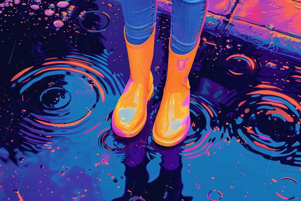 Feet of child in yellow rubber boots jumping over puddle in rain purple reflection creativity.
