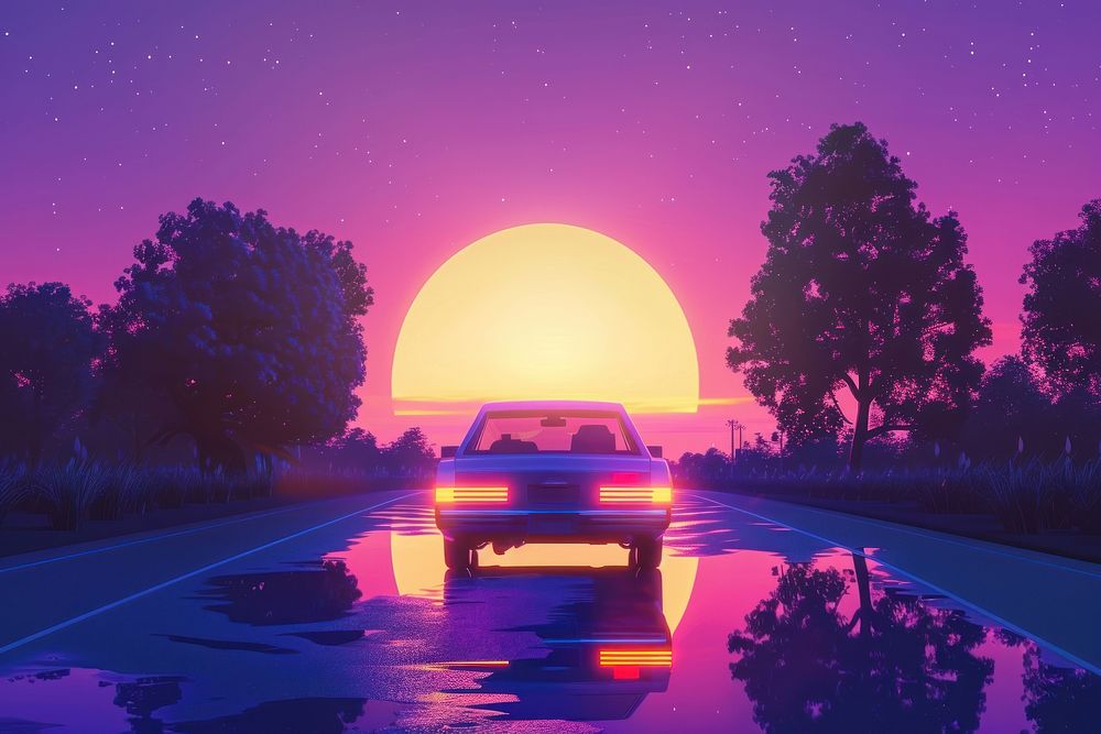 Hatchback Car travel driving road trip of woman summer vacation in blue car at sunset outdoors nature purple.