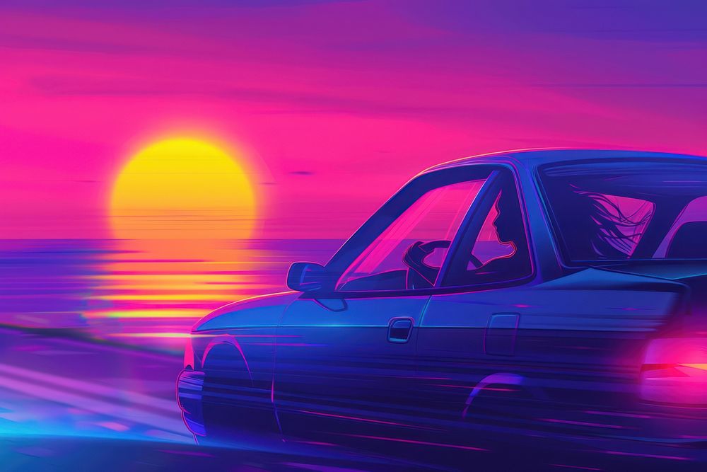Hatchback Car travel driving road trip of woman summer vacation in blue car at sunset vehicle purple sky.