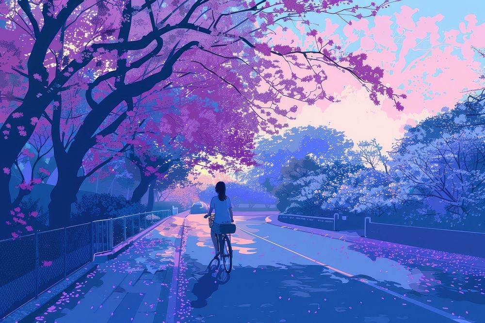 Happy smiling woman rides a bicycle on the country road under the apple blossom trees outdoors nature purple.
