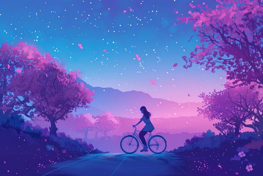 Happy smiling woman rides a bicycle on the country road under the apple blossom trees purple outdoors vehicle.