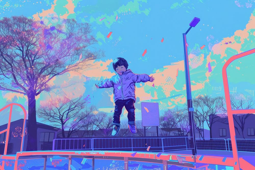 Happy child playing outdoor in spring park outdoors jumping purple.