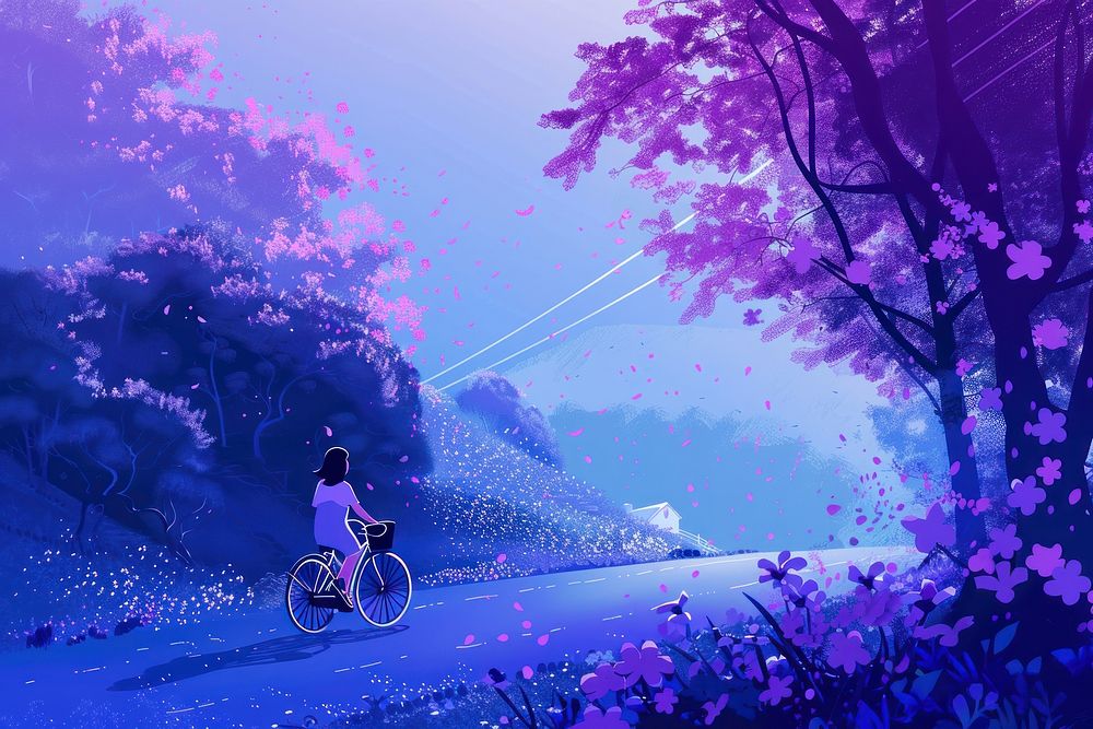 Happy smiling woman rides a bicycle on the country road under the apple blossom trees purple outdoors vehicle.
