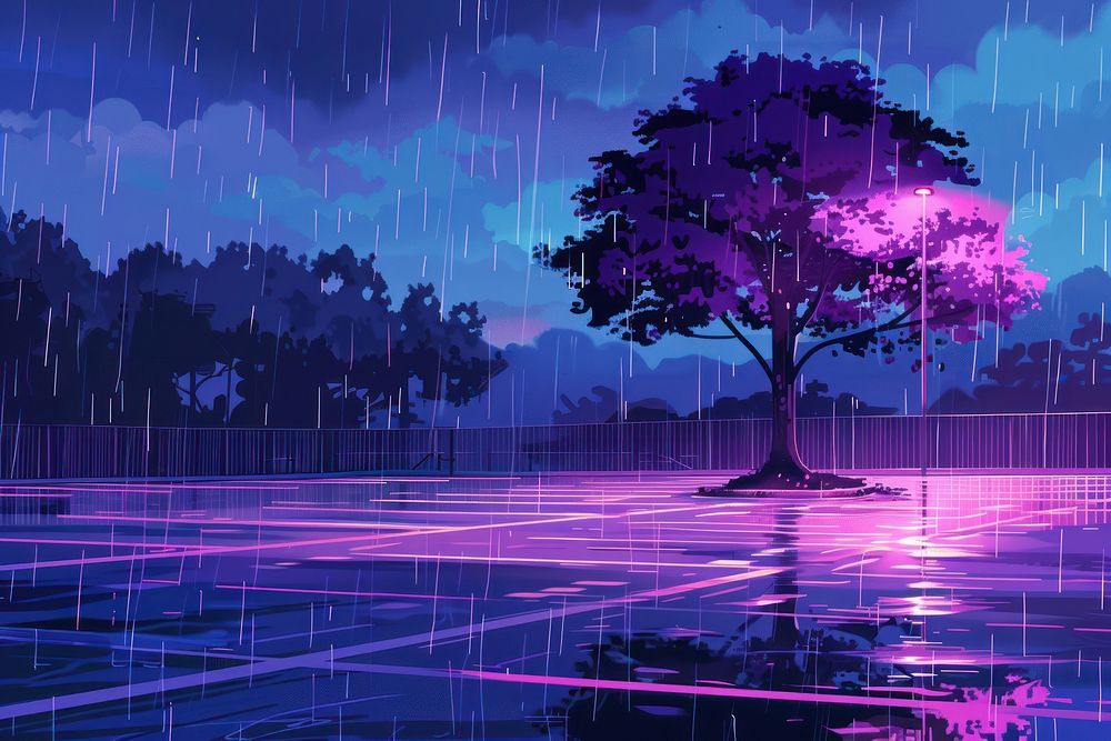 Heavy rain and tree in the parking lot purple outdoors nature.