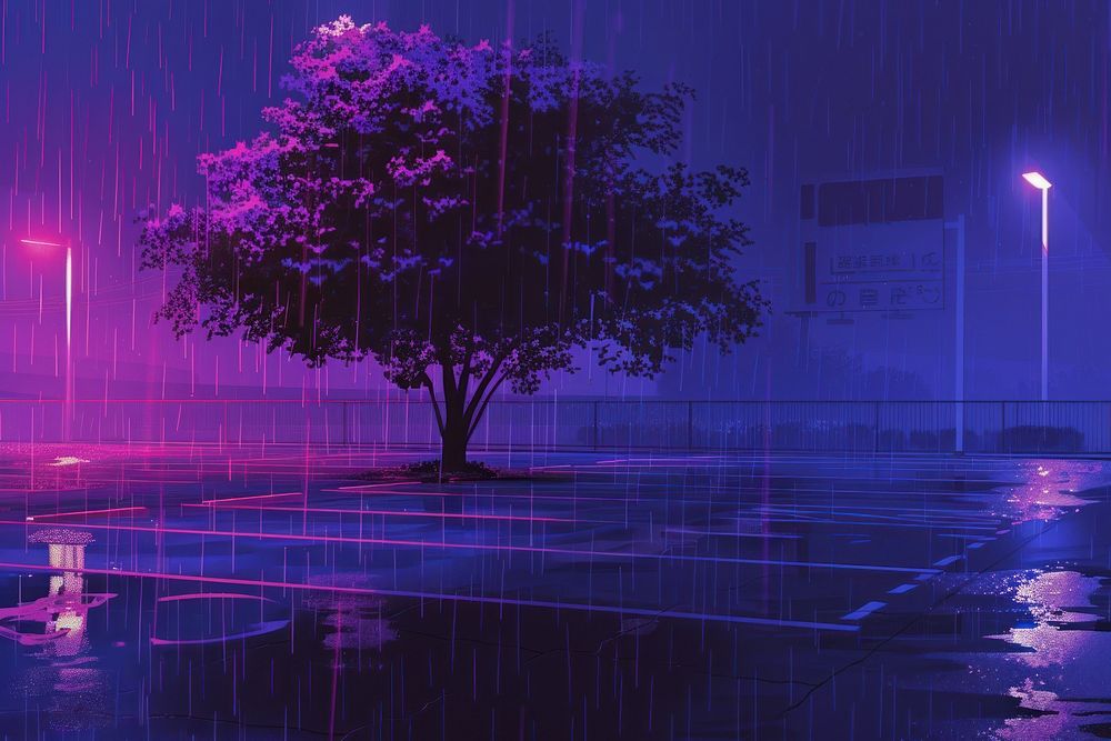 Heavy rain and tree in the parking lot purple outdoors plant.