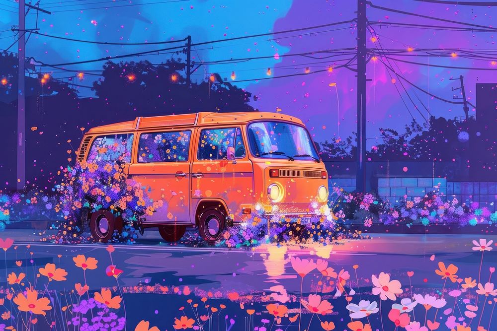Orange van full of colorful spring flowers purple vehicle car.