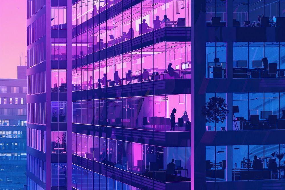 Outside view of office building many window with business people working inside purple architecture metropolis.