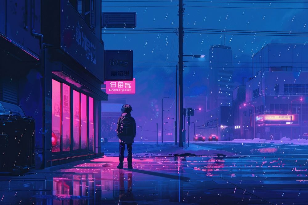 Loneliness light rain city.