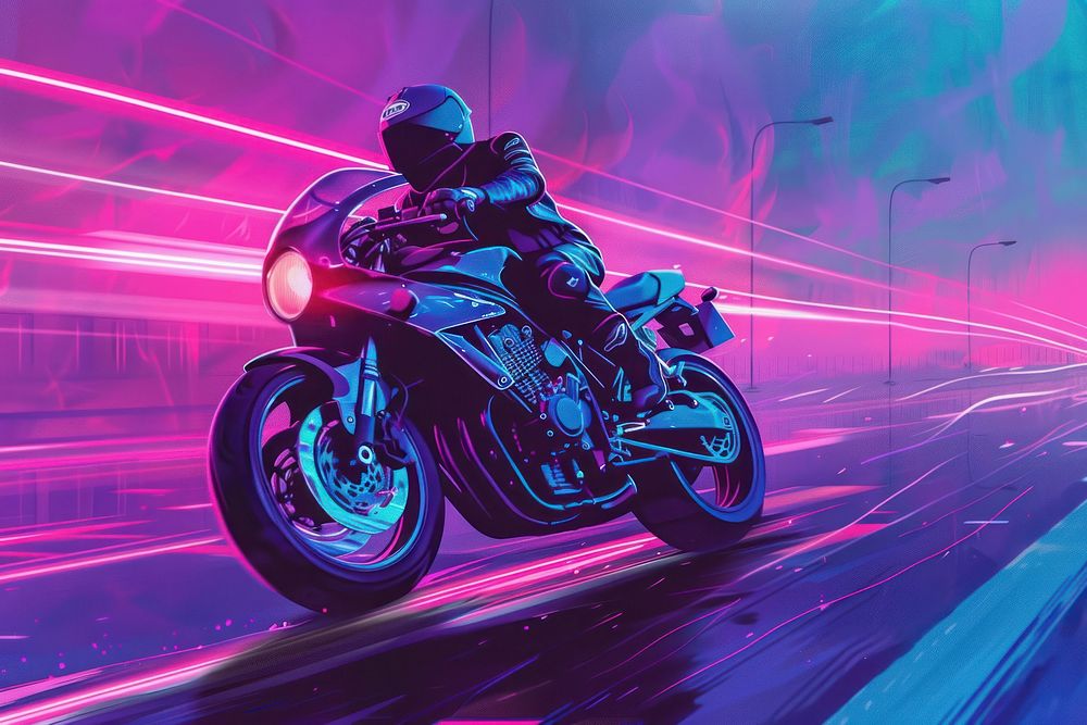 Motorcycle adventure speed driving on asphalt road at daytime vehicle helmet purple.