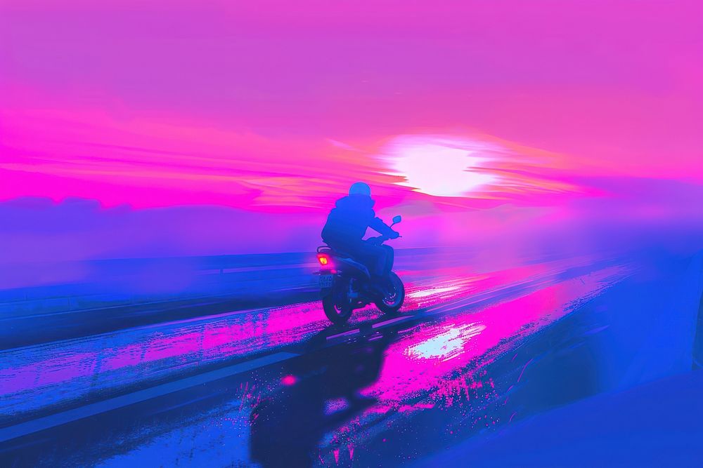 Motorcycle adventure speed driving on asphalt road at daytime outdoors vehicle purple.