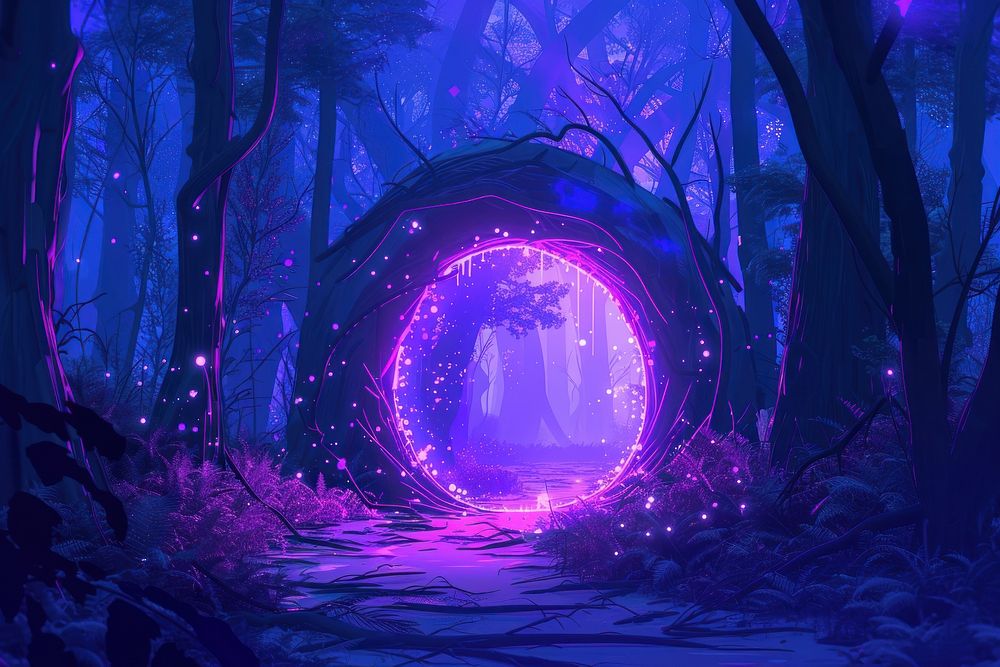 Magical portal with arch made with tree branches in forest purple outdoors nature.