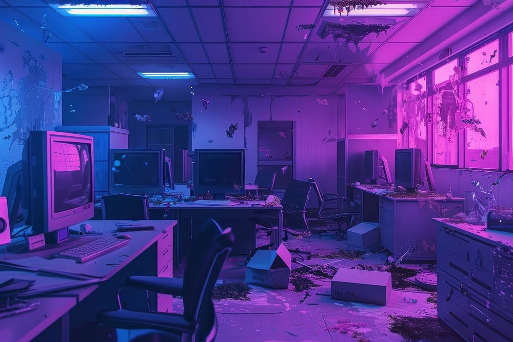 Messy abandoned office after company shut down furniture computer purple.