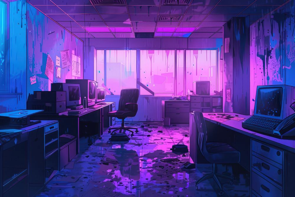 Messy abandoned office after company shut down furniture computer purple.
