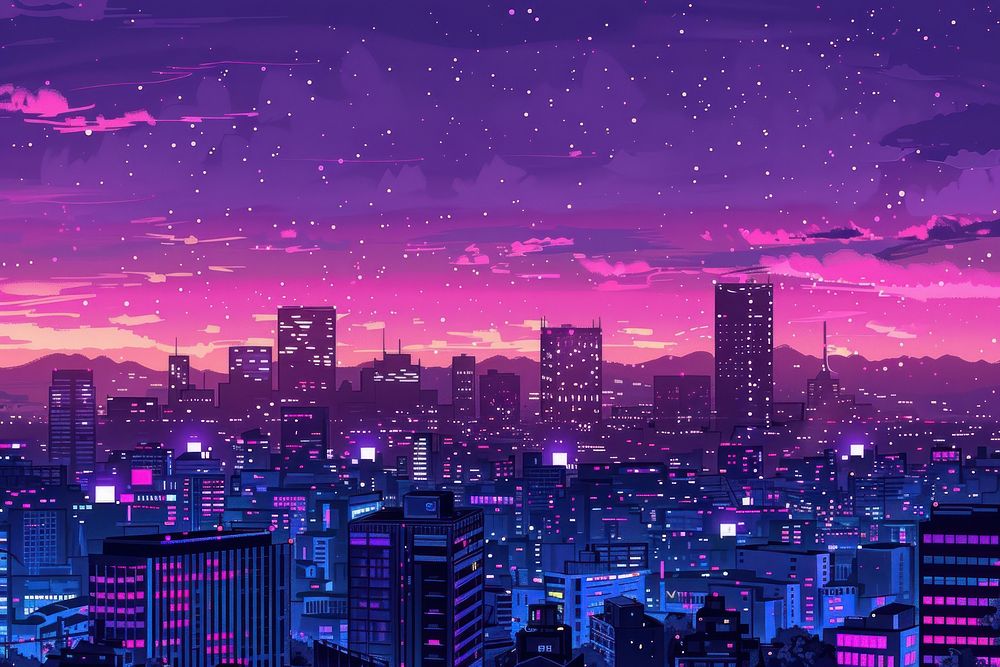 Night city panorama purple night architecture.