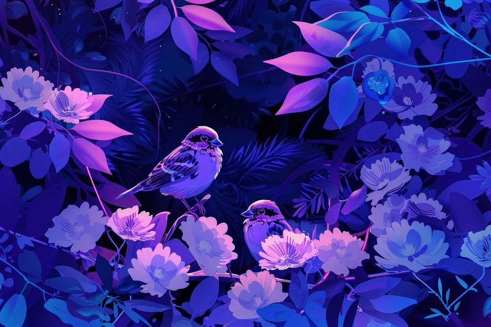 Small funny Sparrow Chicks sit in the garden surrounded blue backgrounds purple.