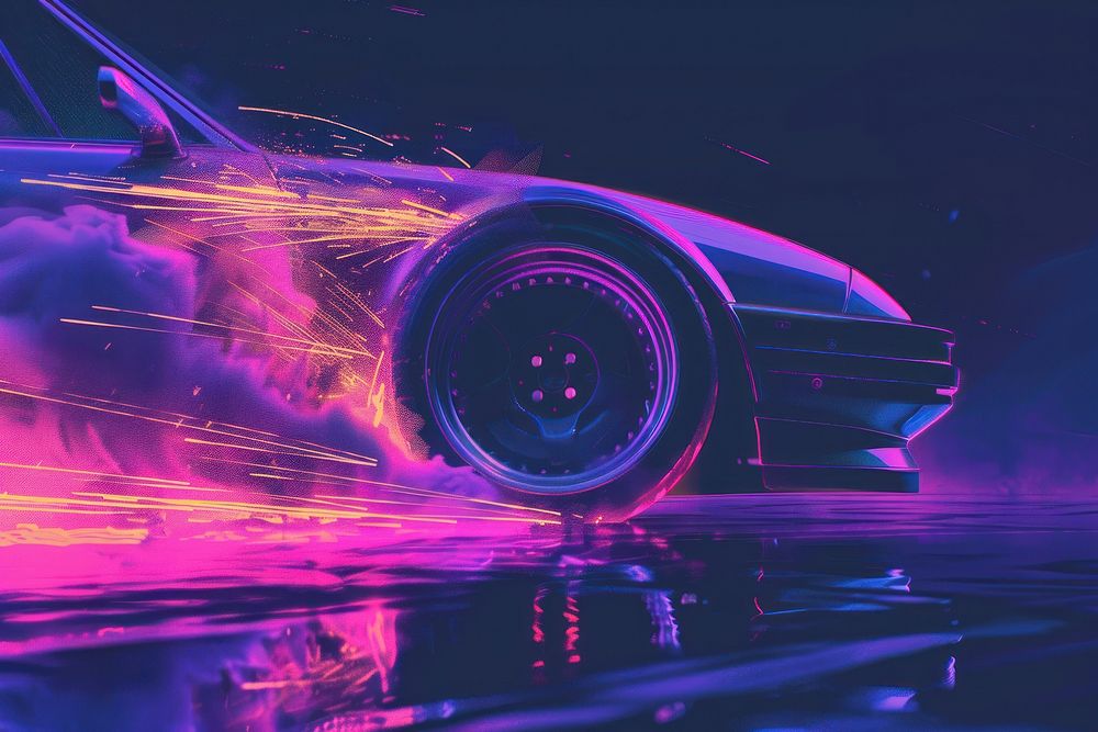 Sport car wheel drifting on lighting purple vehicle tire.