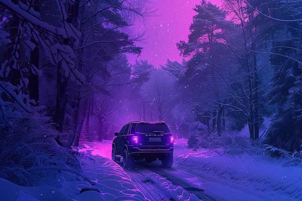 SUV rides on a winter forest road purple vehicle nature.