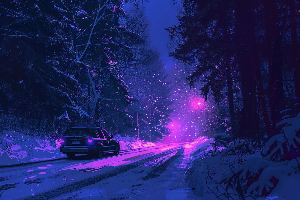 SUV rides on a winter forest road outdoors vehicle nature.