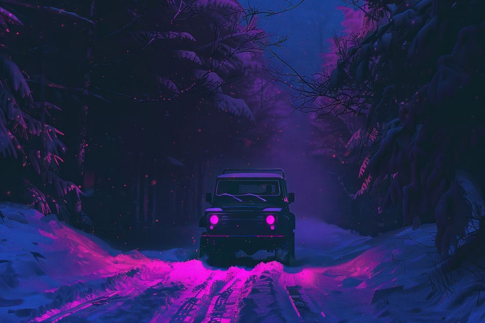 SUV rides on a winter forest road vehicle nature purple.