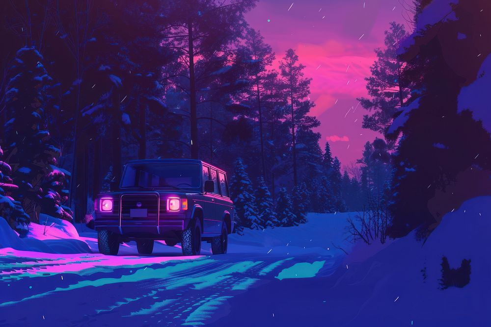 SUV rides on a winter forest road outdoors vehicle nature.