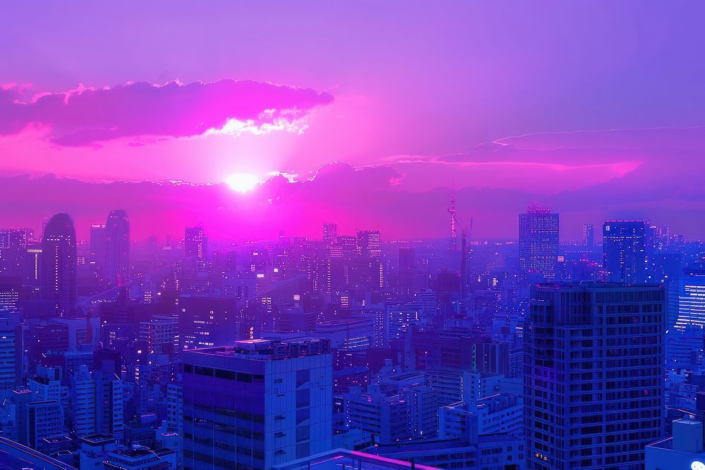 Sunrise over the city architecture cityscape outdoors.