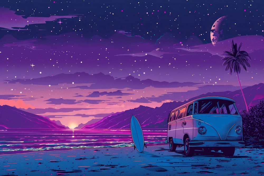 Surfing van and surfboard at the beach with mountains landscape purple astronomy outdoors.