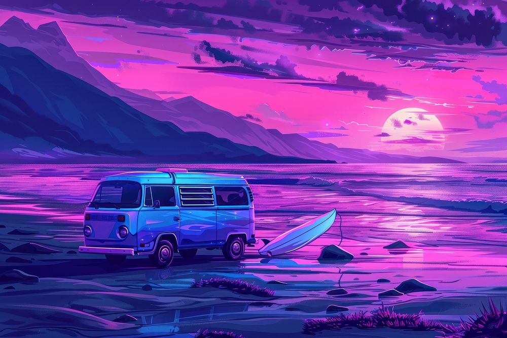 Surfing van and surfboard at the beach with mountains landscape outdoors vehicle nature.