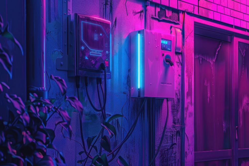 Power supply connected to electric vehicle charge battery purple wall neon.